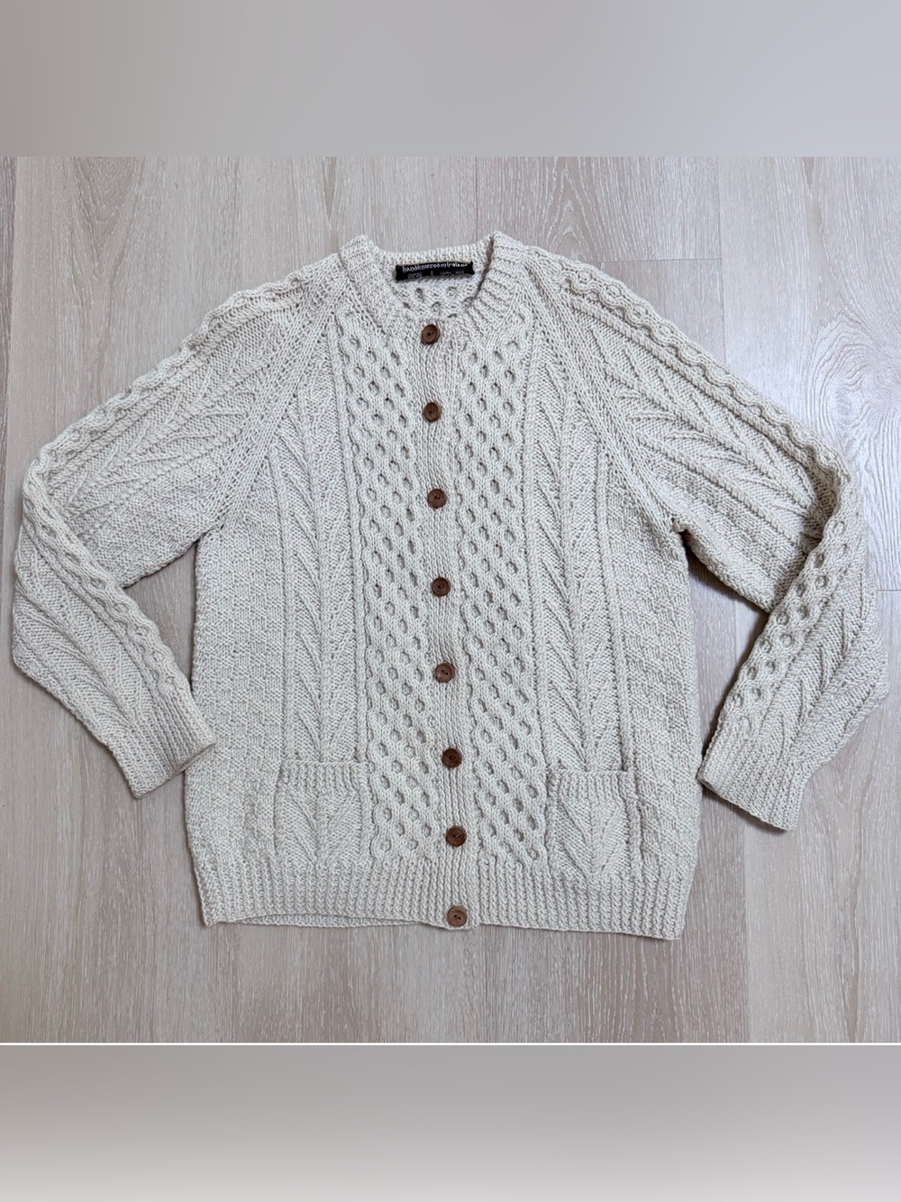 VTG Handknit Irish Aran Fisherman Sweater Cardigan Sz S 100% Wool Chunky Knit